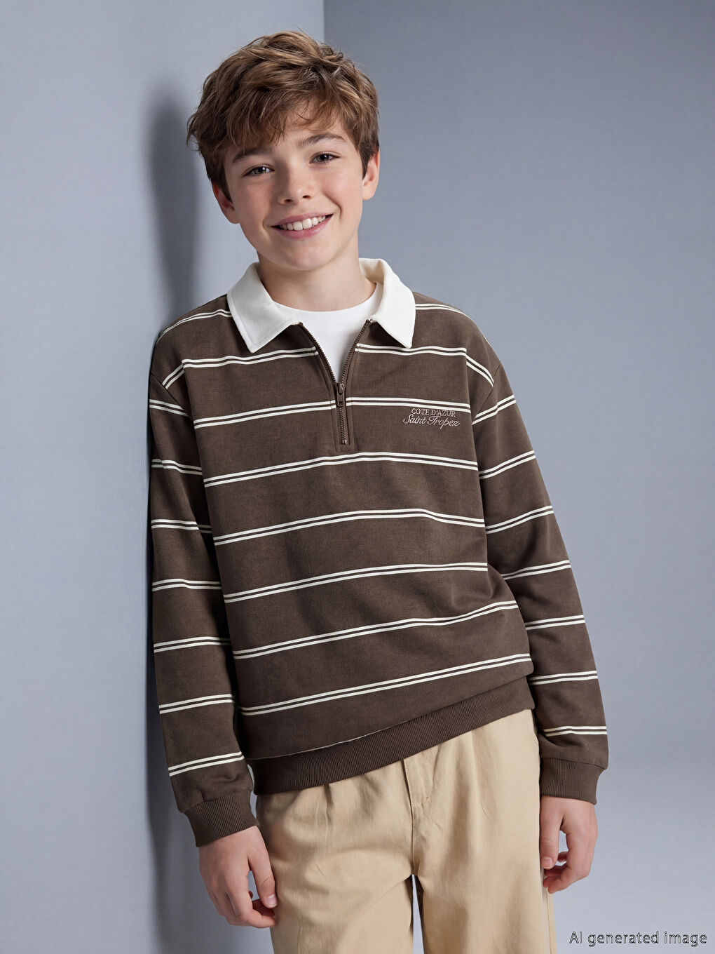 Kahverengi Polo Yaka Çizgili Erkek Çocuk Tişört
