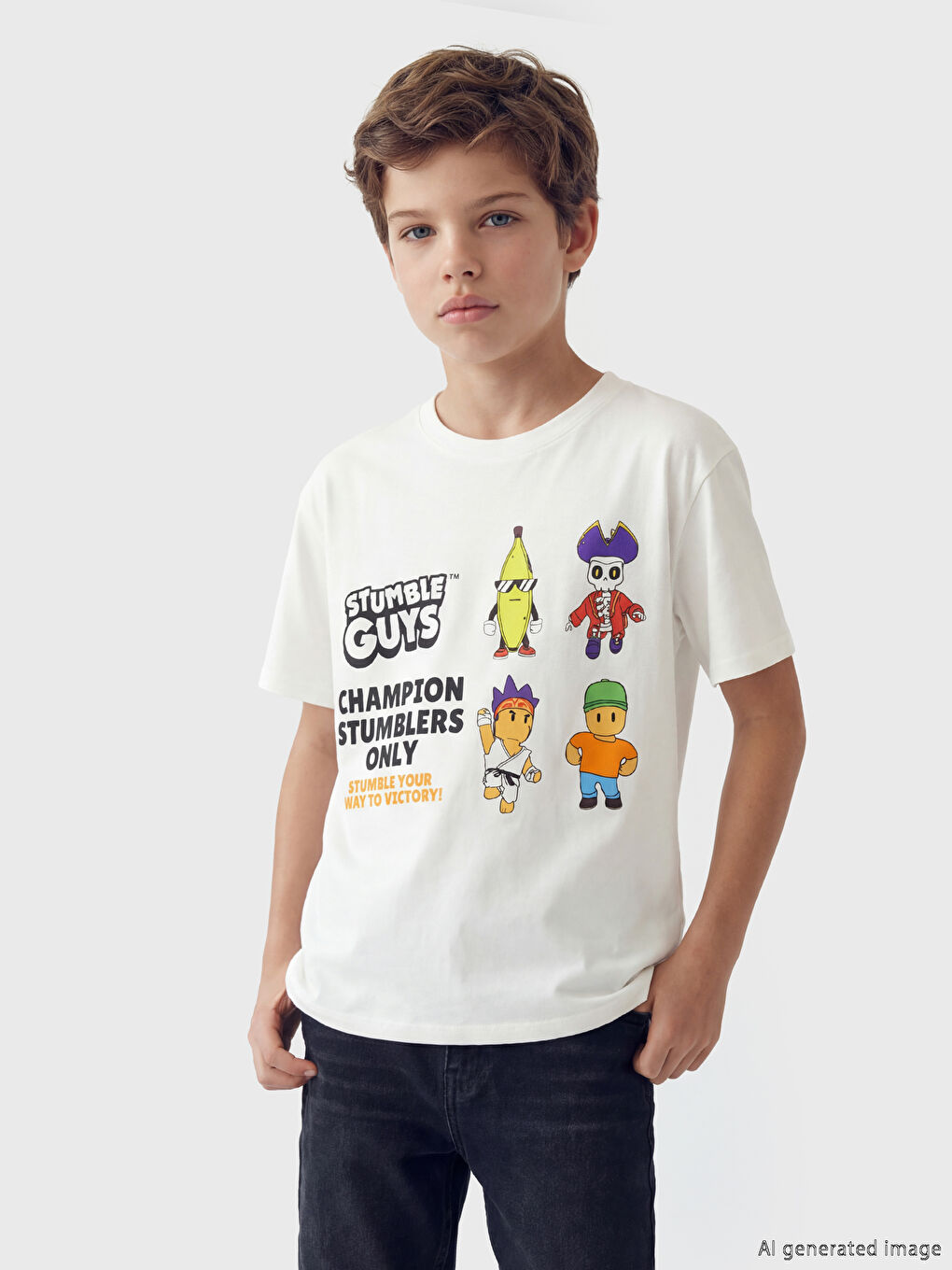 Crew Neck Stumble Guys Printed Boys' T-Shirt