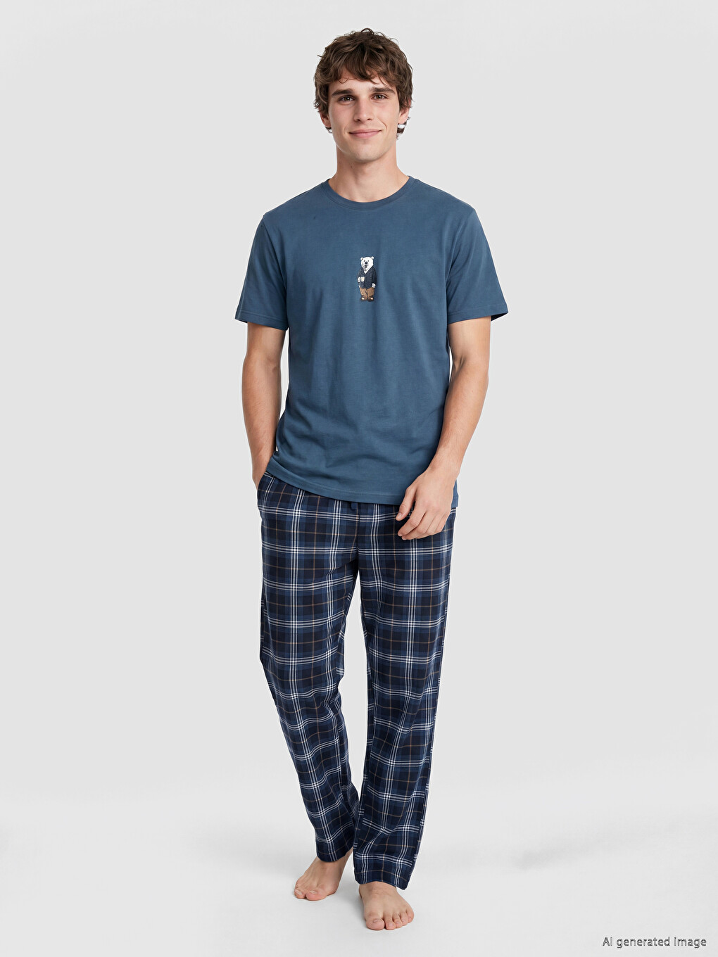 Lacivert Regular Fit Ekose Desenli Erkek Pijama Takımı