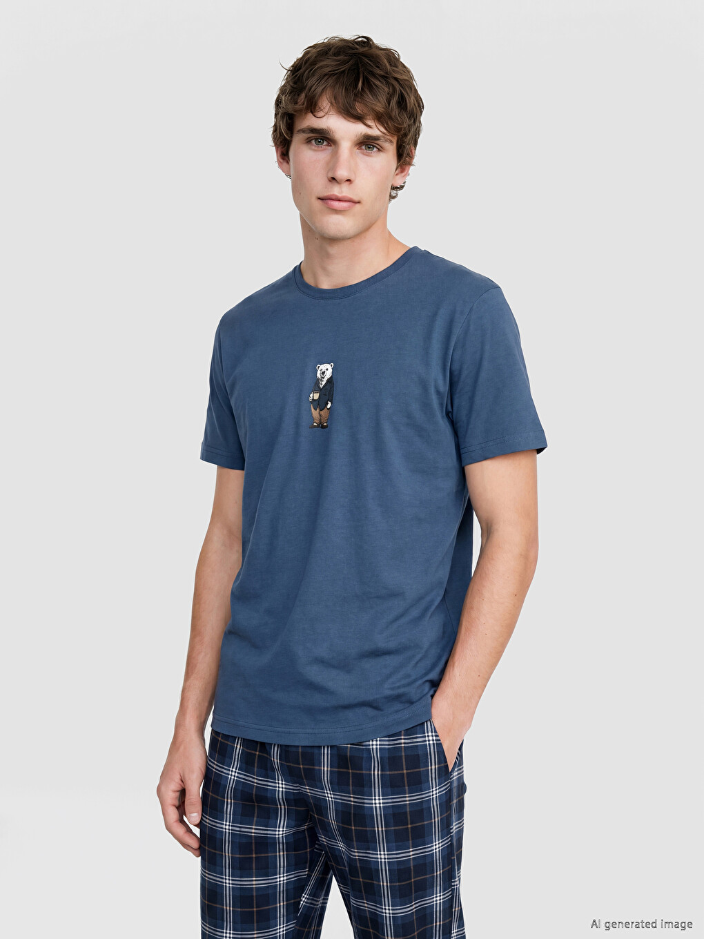 Lacivert Regular Fit Ekose Desenli Erkek Pijama Takımı-1
