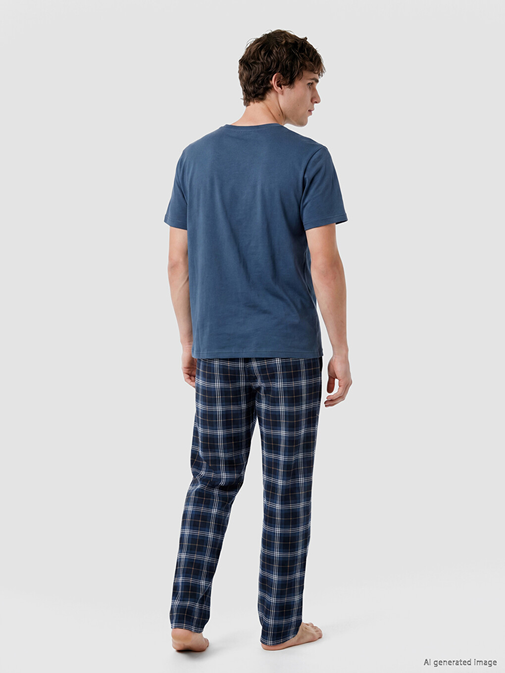 Lacivert Regular Fit Ekose Desenli Erkek Pijama Takımı-3