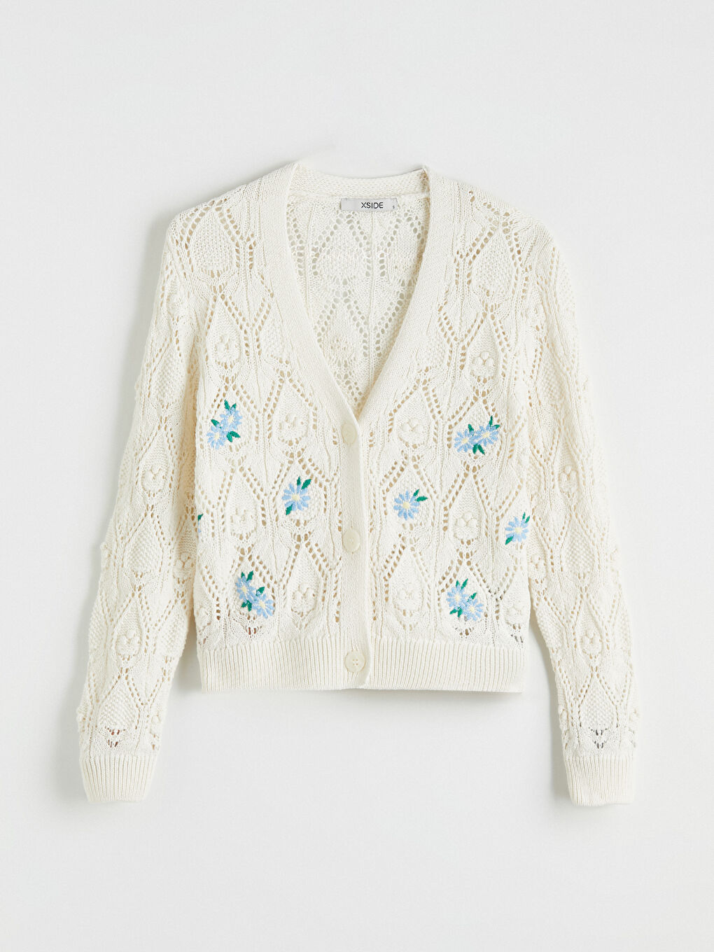 Ekru V Yaka Nakışlı Kadın Triko Hırka-4