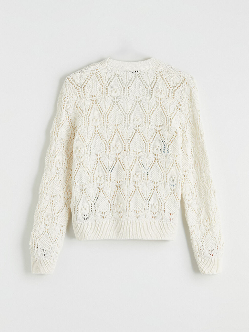 Ekru V Yaka Nakışlı Kadın Triko Hırka-6