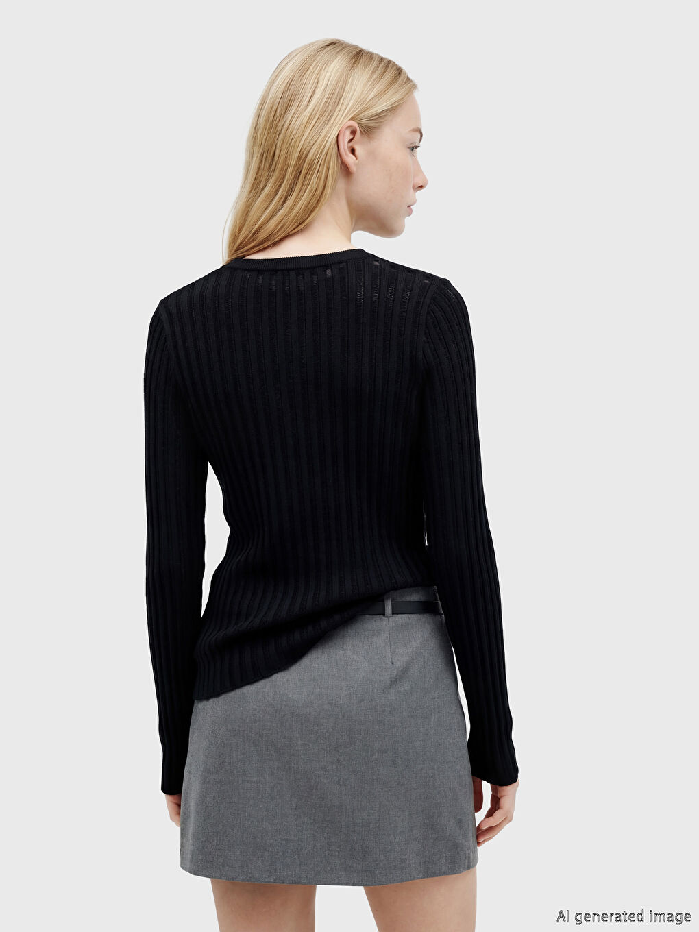 Siyah Bisiklet Yaka Fitilli Kadın Triko Kazak-3