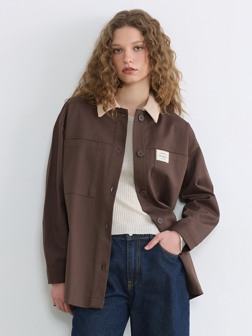 Kahverengi Kontrast Yaka Oversize Kadın Ceket