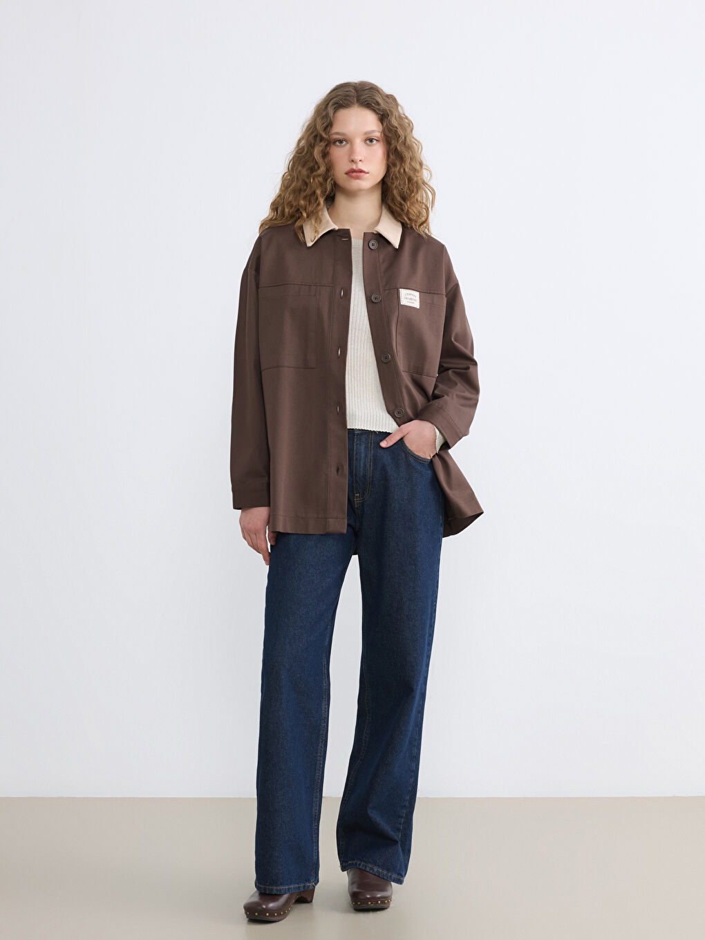 Kahverengi Kontrast Yaka Oversize Kadın Ceket-1