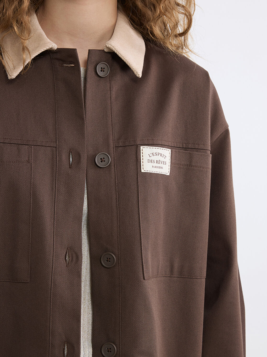 Kahverengi Kontrast Yaka Oversize Kadın Ceket-2