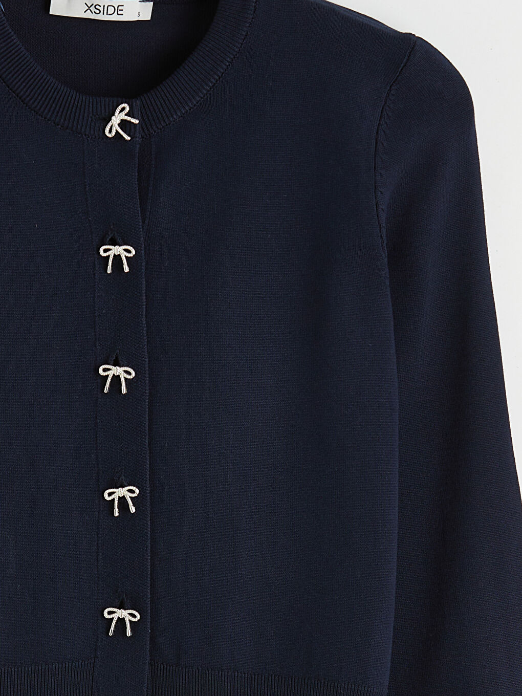 Lacivert Bisiklet Yaka Fiyonk Düğmeli Kadın Triko Hırka-2