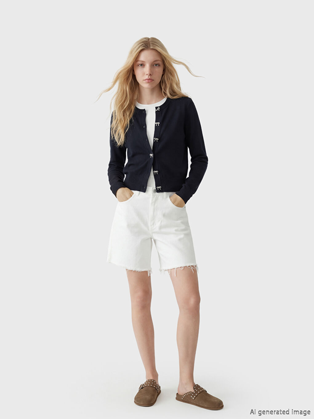 Lacivert Bisiklet Yaka Fiyonklu Kadın Triko Hırka-1