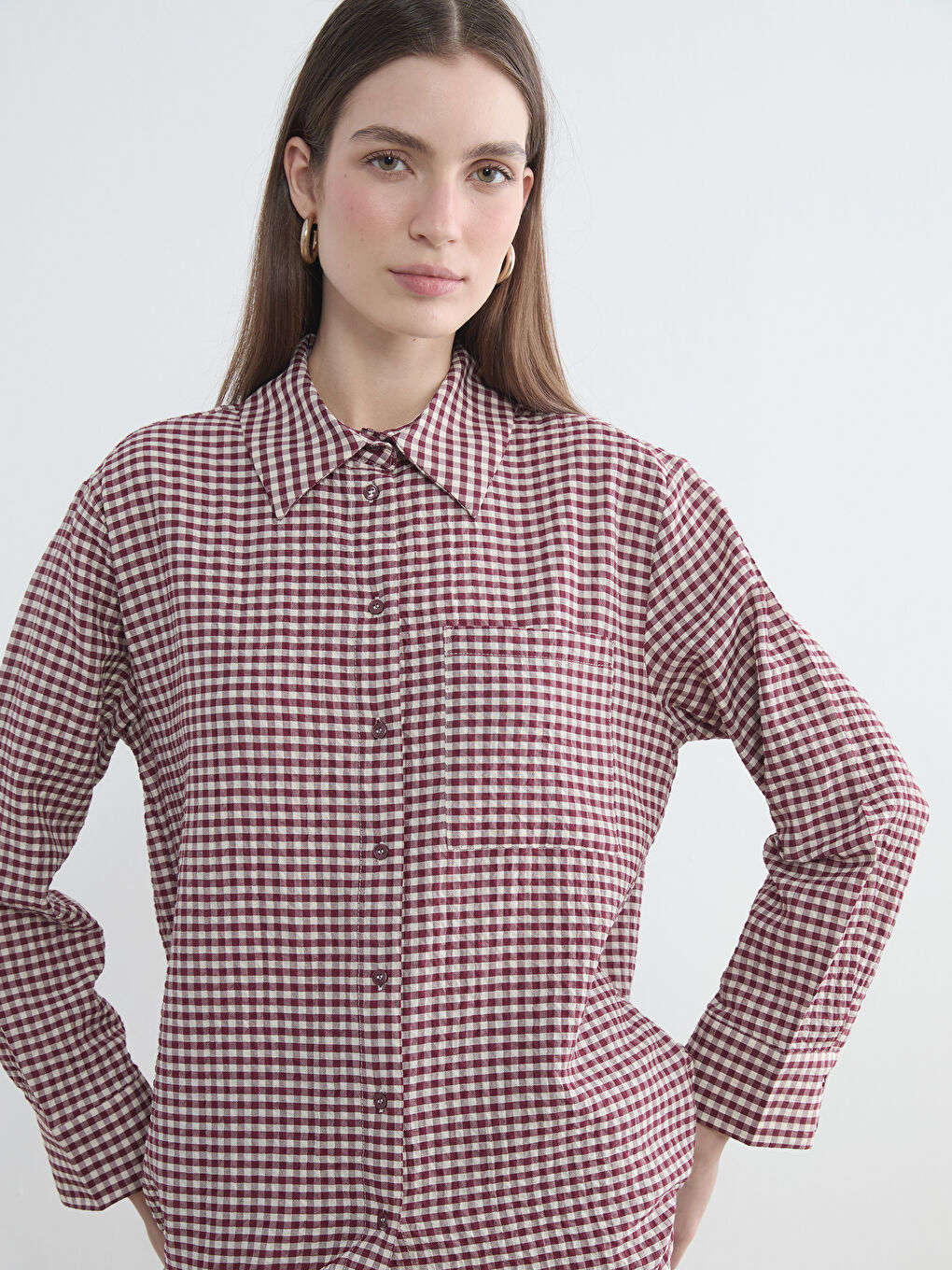 Bordo Ekose Kadın Gömlek Tunik