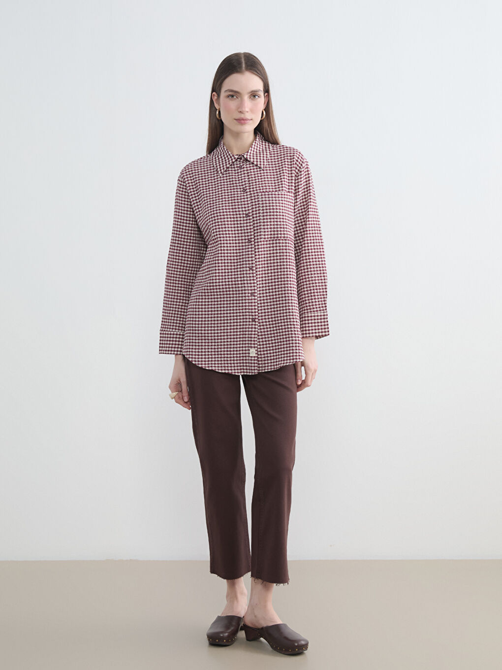 Bordo Ekose Kadın Gömlek Tunik-1