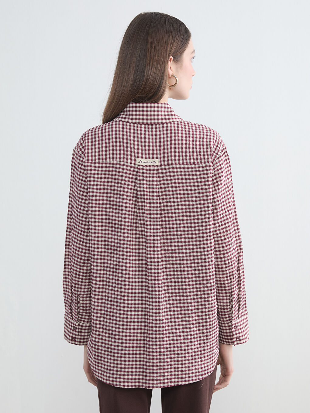 Bordo Ekose Kadın Gömlek Tunik-3