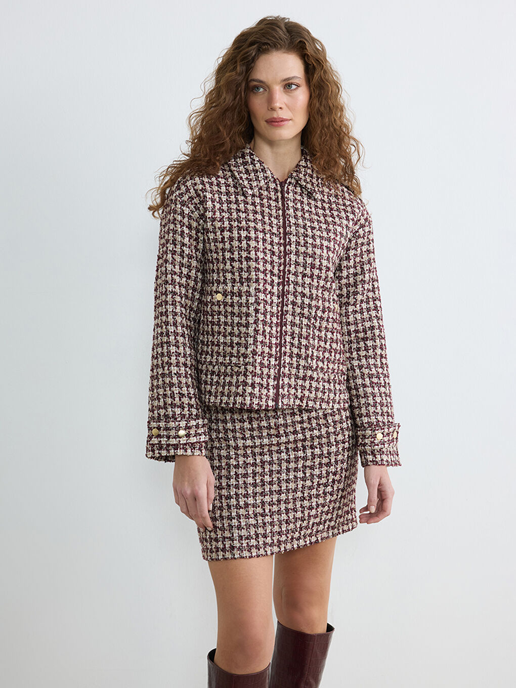 Kırmızı Gömlek Yaka Ekose Kadın Tüvit Ceket