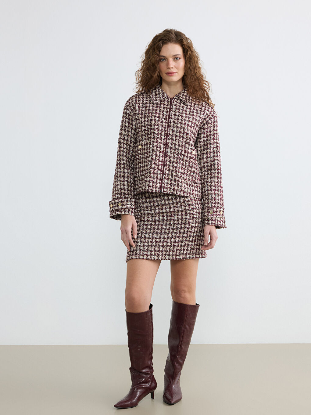 Kırmızı Gömlek Yaka Ekose Kadın Tüvit Ceket-1