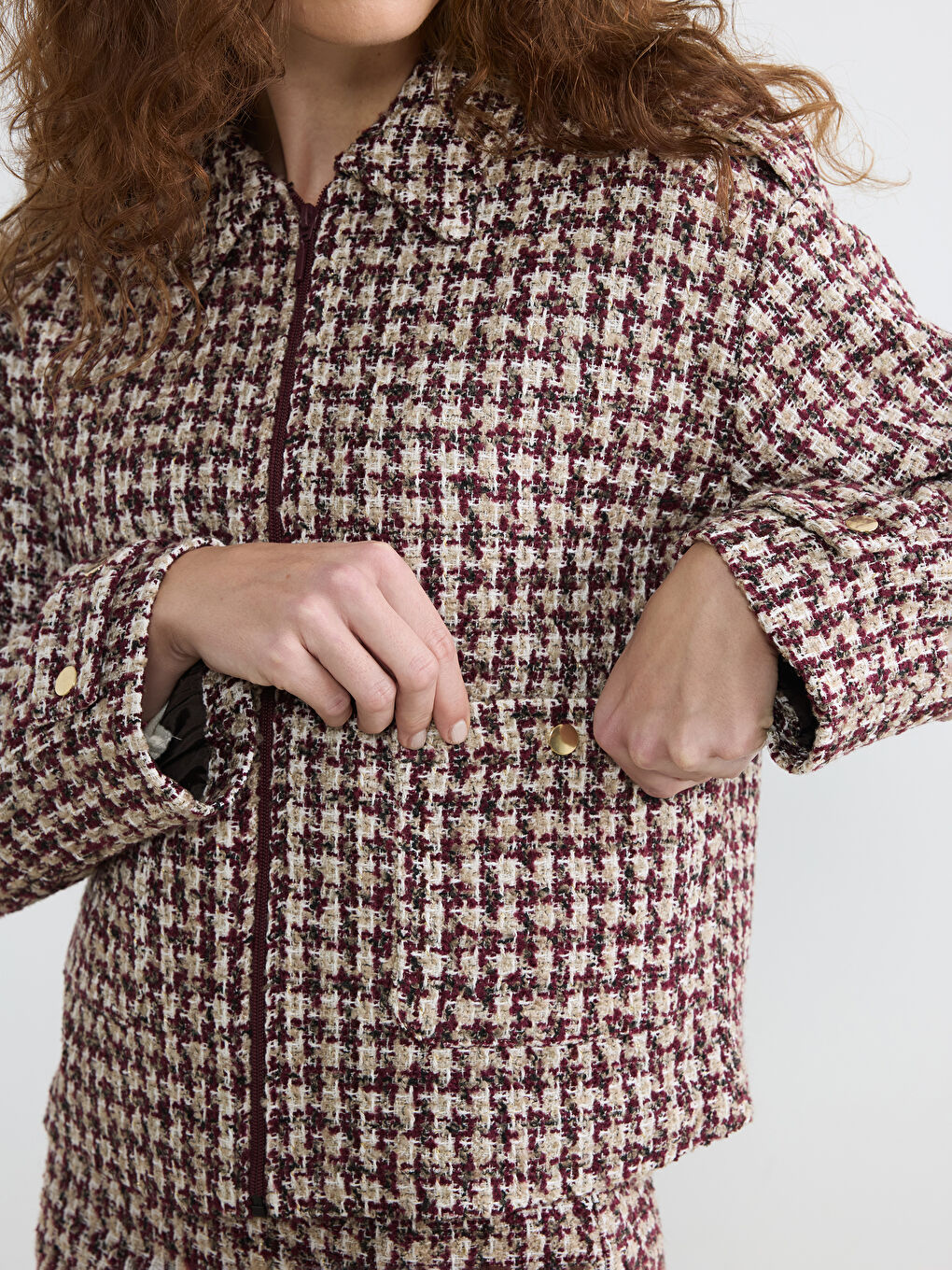Kırmızı Gömlek Yaka Ekose Kadın Tüvit Ceket-2