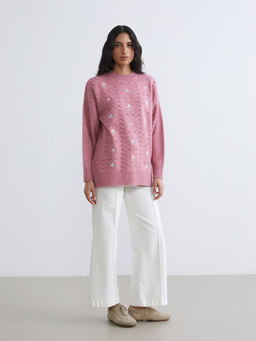 Pembe Bisiklet Yaka Nakışlı Kadın Triko Kazak	-1