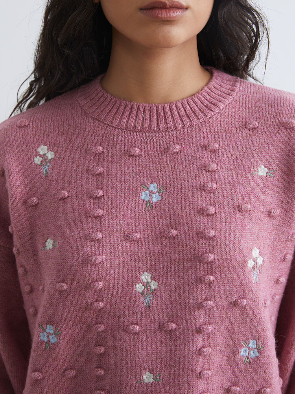 Pembe Bisiklet Yaka Nakışlı Kadın Triko Kazak	-2