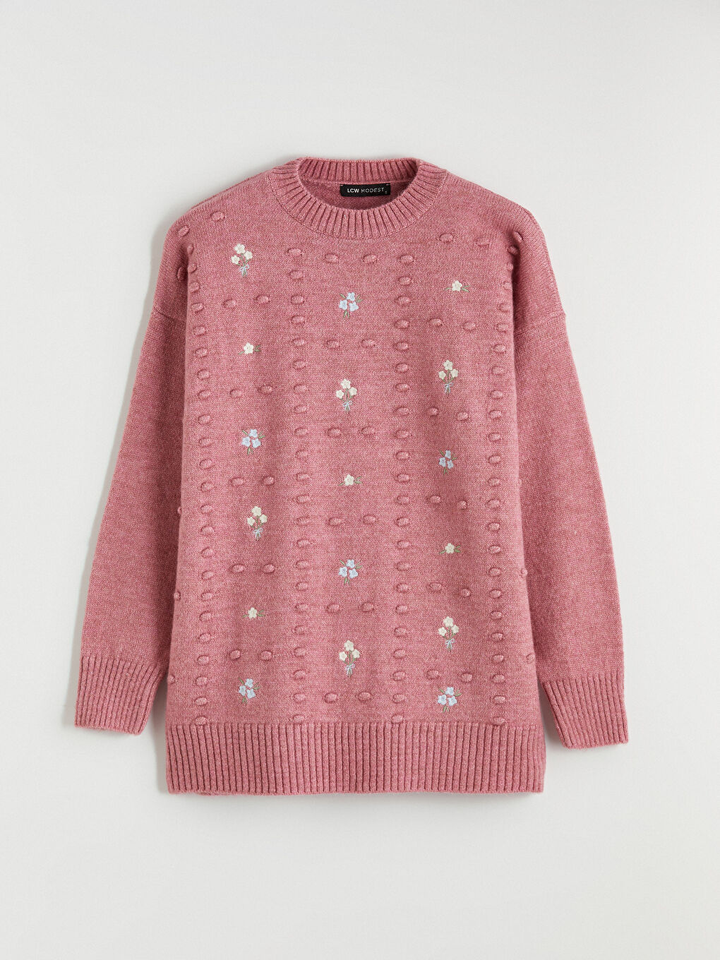 Pembe Bisiklet Yaka Nakışlı Kadın Triko Kazak	-4