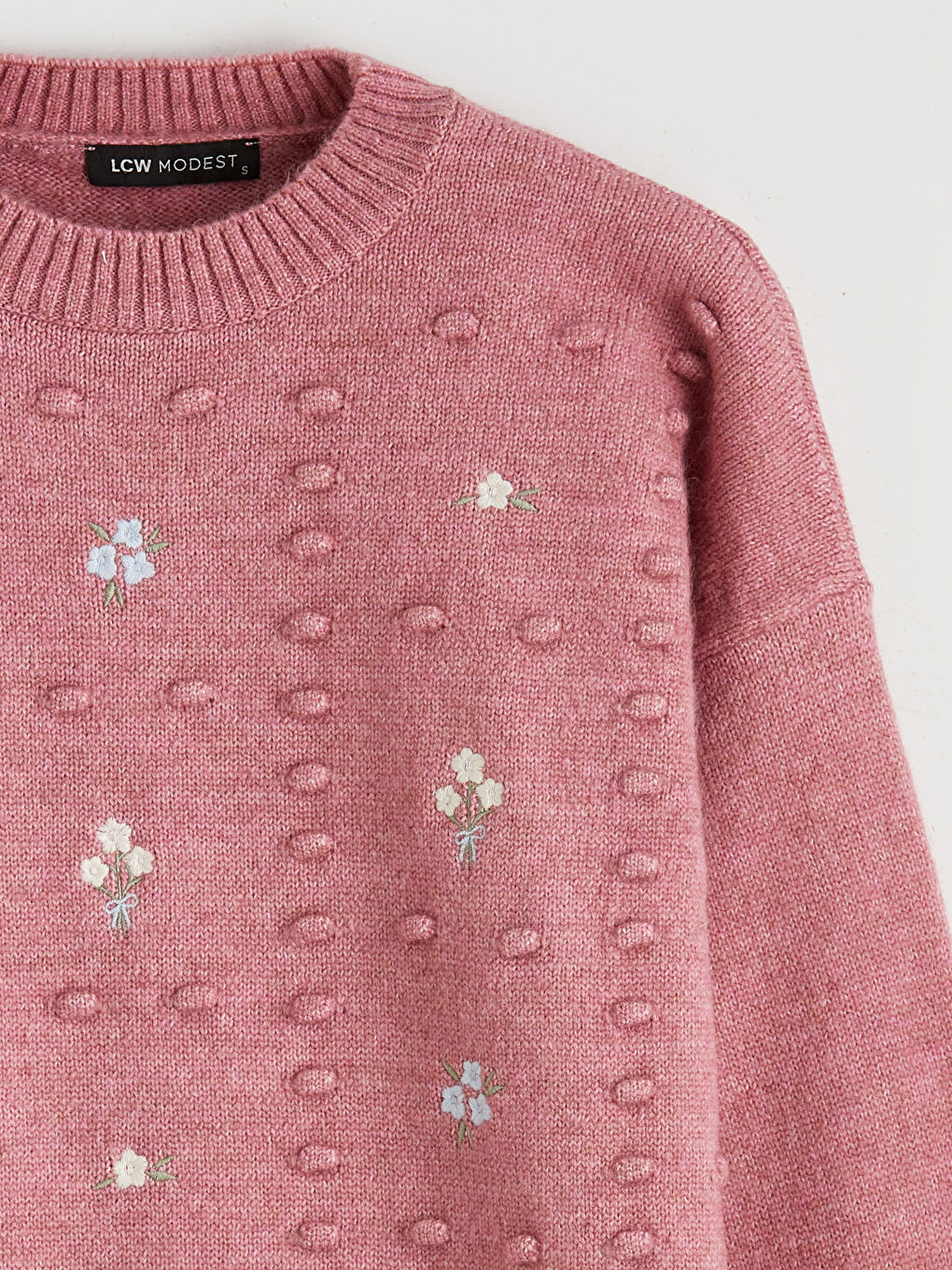 Pembe Bisiklet Yaka Nakışlı Kadın Triko Kazak	-5