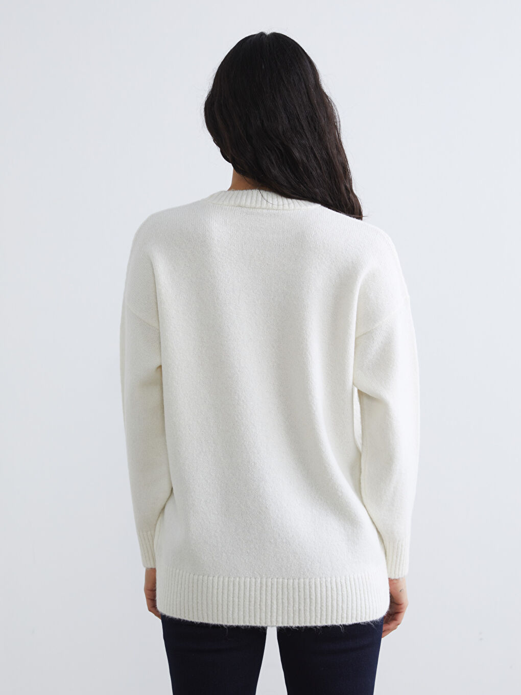 Ekru Bisiklet Yaka Nakışlı Kadın Triko Kazak	-3