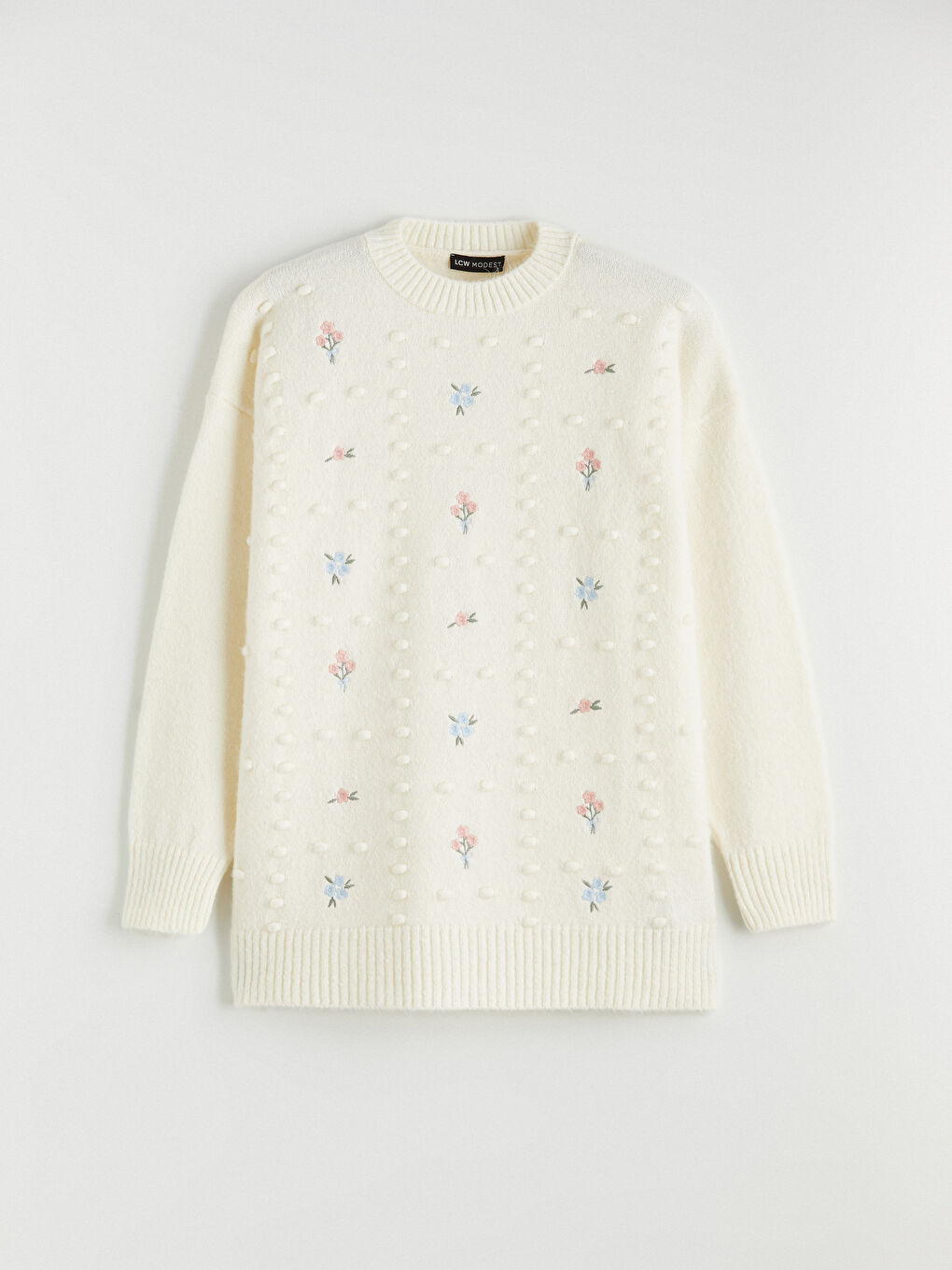 Ekru Bisiklet Yaka Nakışlı Kadın Triko Kazak	-4