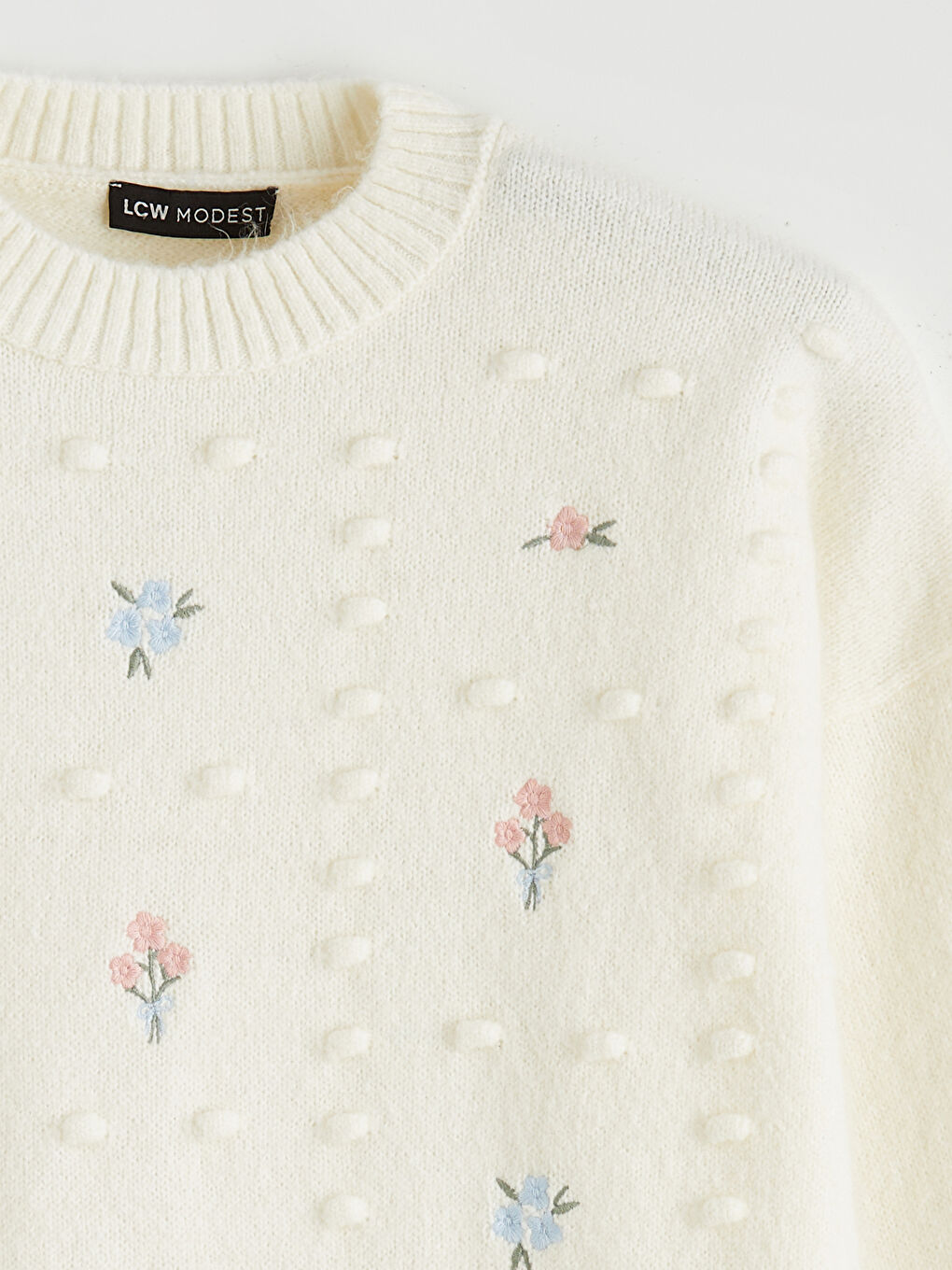 Ekru Bisiklet Yaka Nakışlı Kadın Triko Kazak	-5