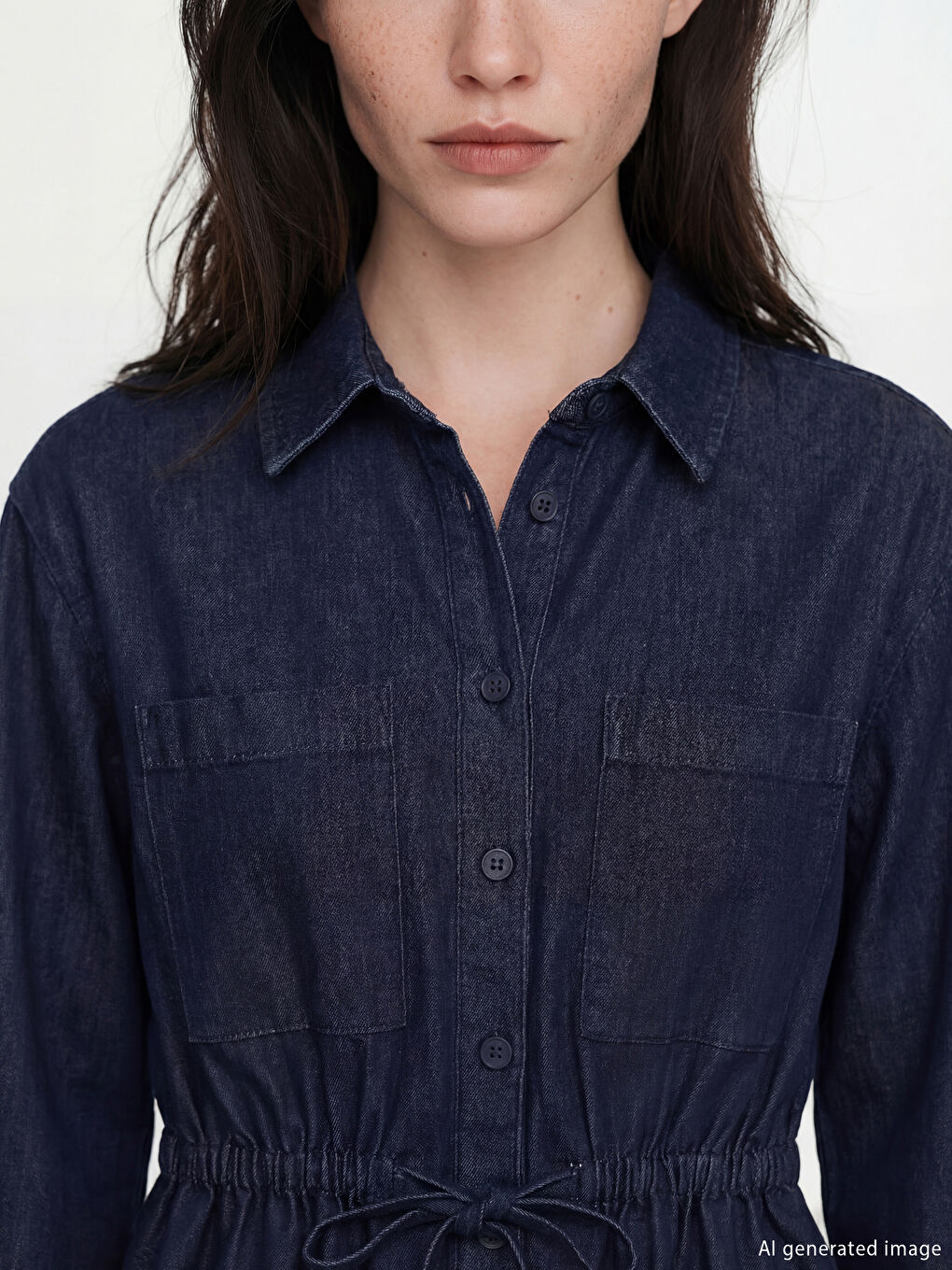 İndigo Büzgülü Kadın Jean Gömlek Tunik-2