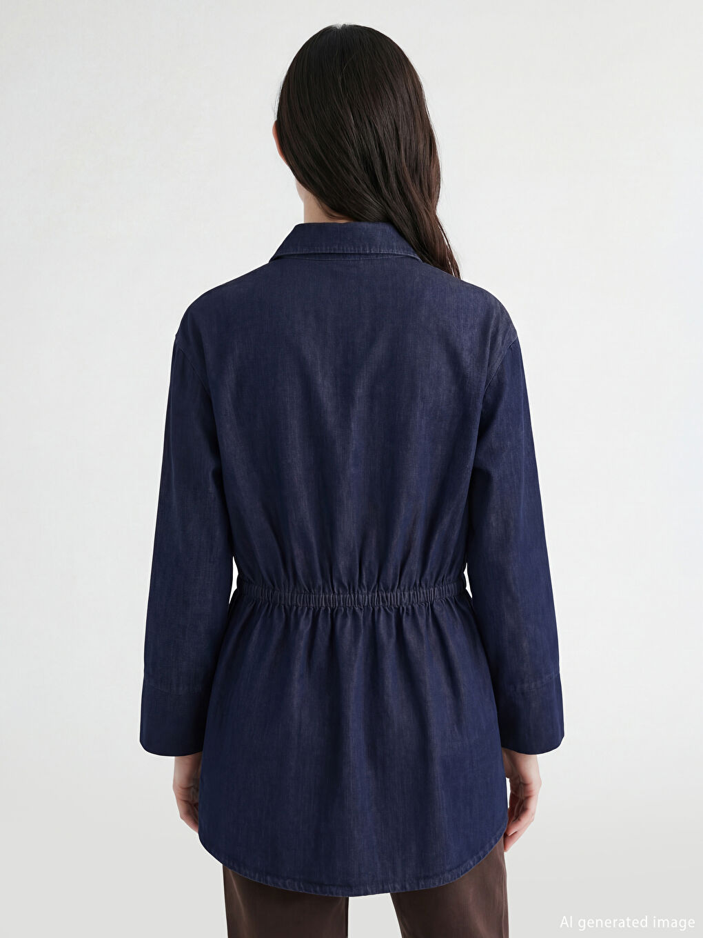 İndigo Büzgülü Kadın Jean Gömlek Tunik-3