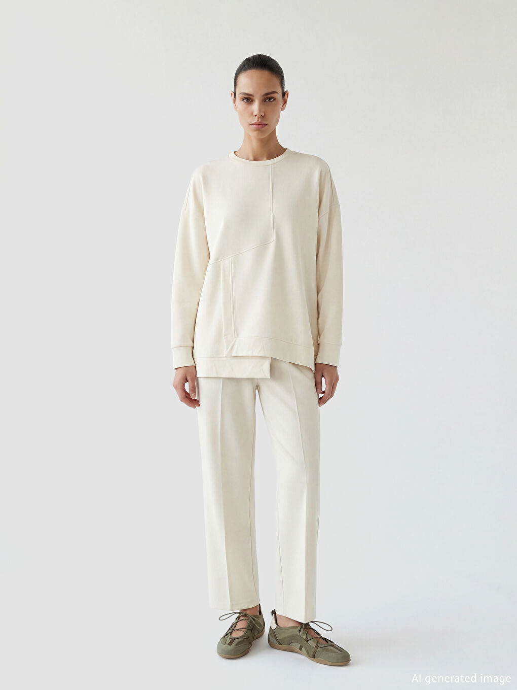 Ekru Soft Touch Oversize Kadın Sweatshirt	-1