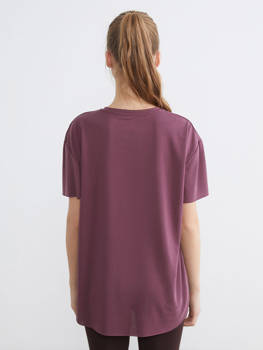 Bordo Bisiklet Yaka Oversize Kadın Spor Tişört-3