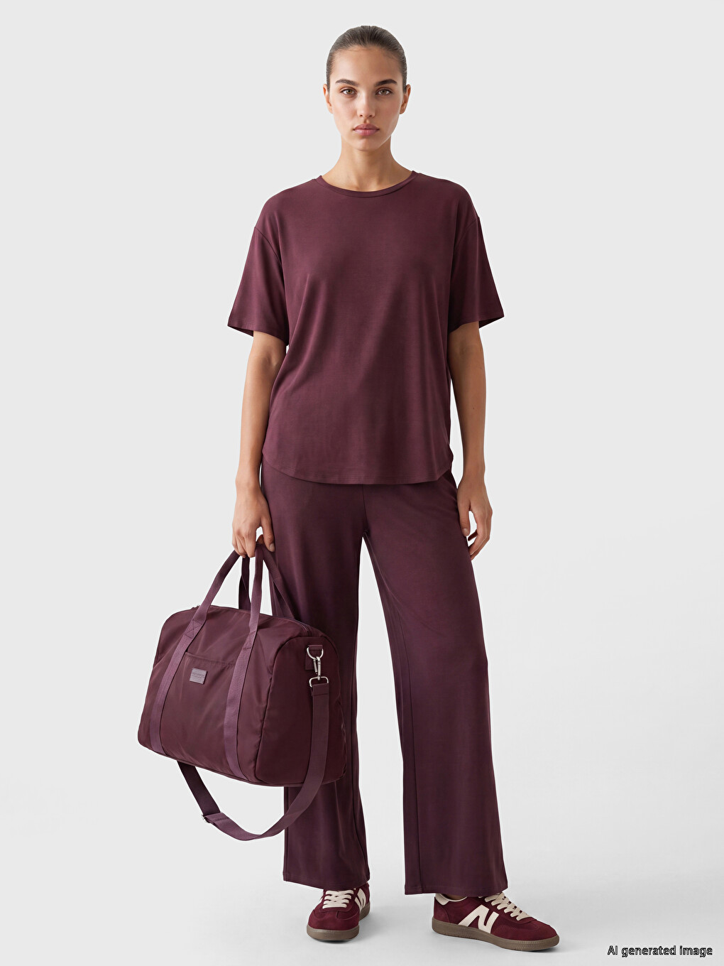 Bordo Oversize Modal Karışımlı Kadın Spor Tişört-1