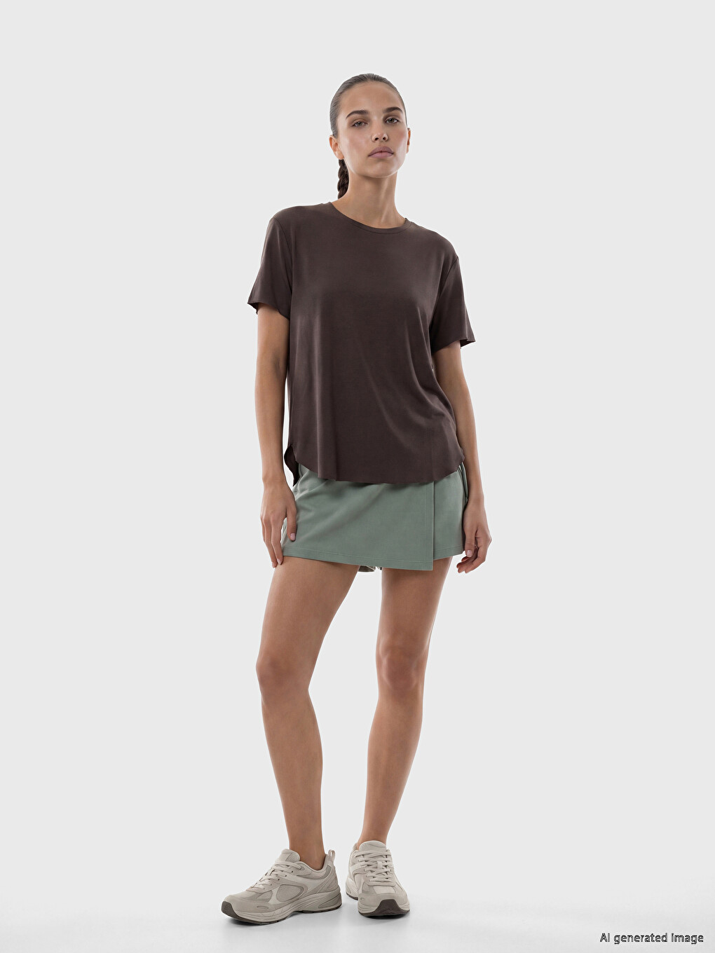 Kahverengi Oversize Modal Karışımlı Kadın Spor Tişört-1
