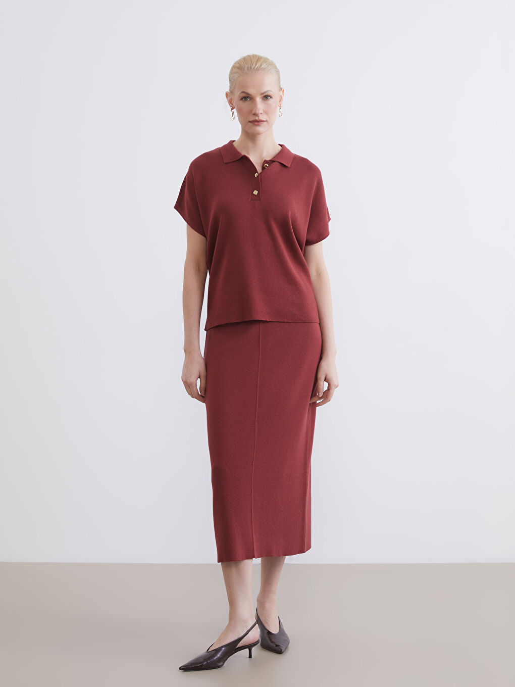 Mercan Polo Yaka Kadın Triko Kazak-1