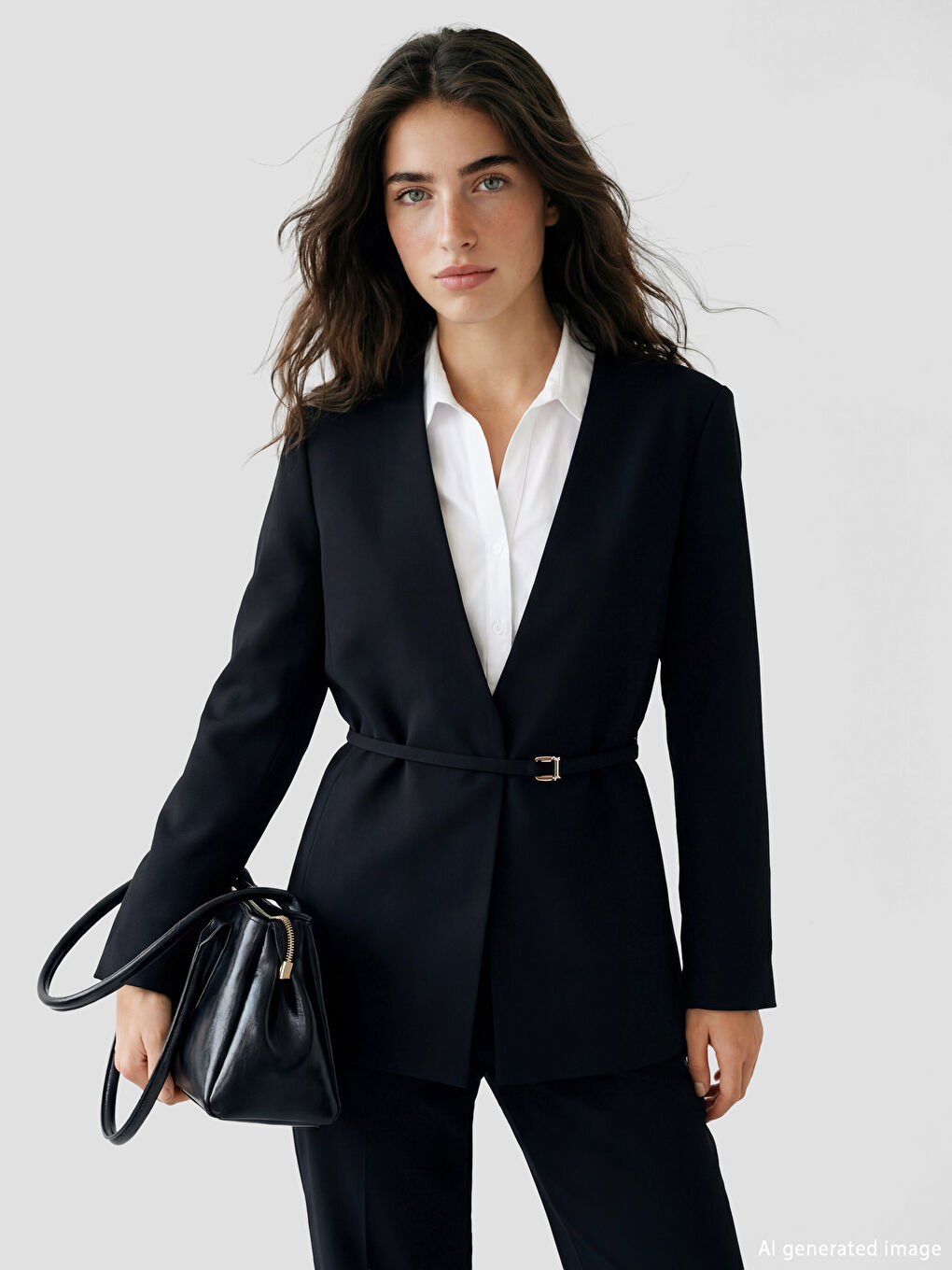 Siyah V Yaka Kemerli Kadın Blazer Ceket