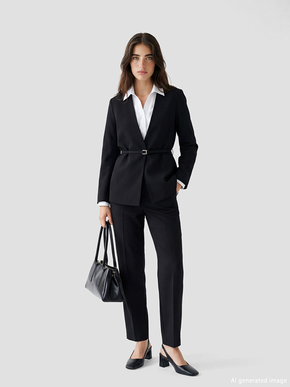 Siyah V Yaka Kemerli Kadın Blazer Ceket-1