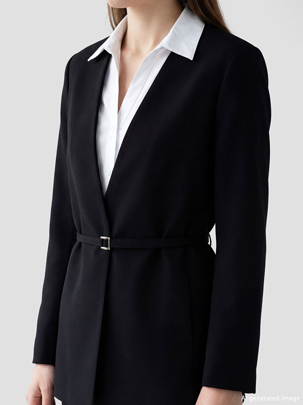 Siyah V Yaka Kemerli Kadın Blazer Ceket-2