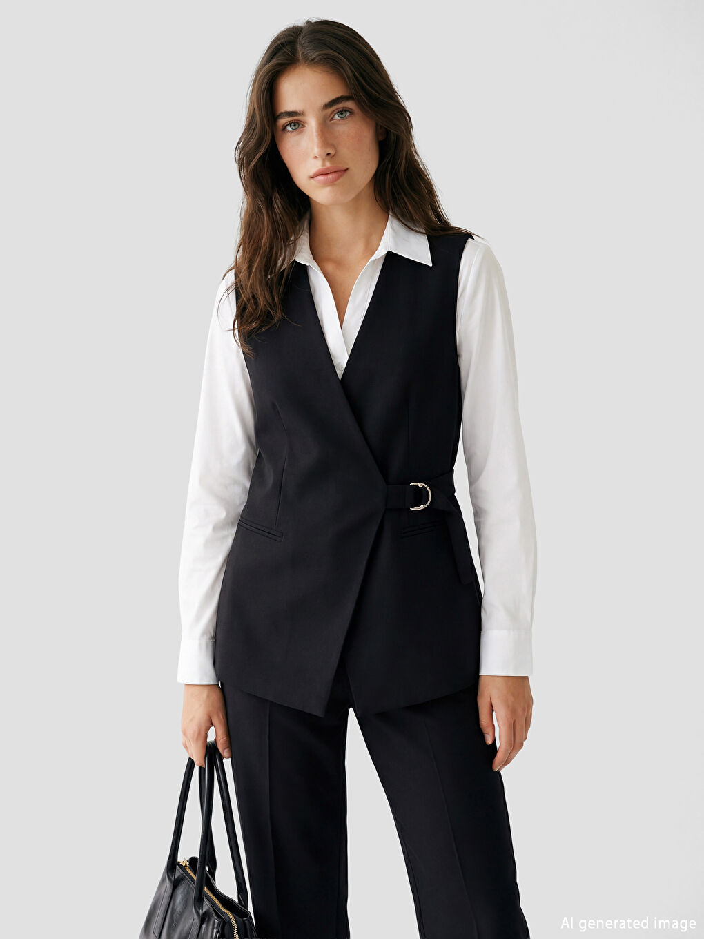 Siyah Kruvaze Yaka Kadın Klasik Yelek