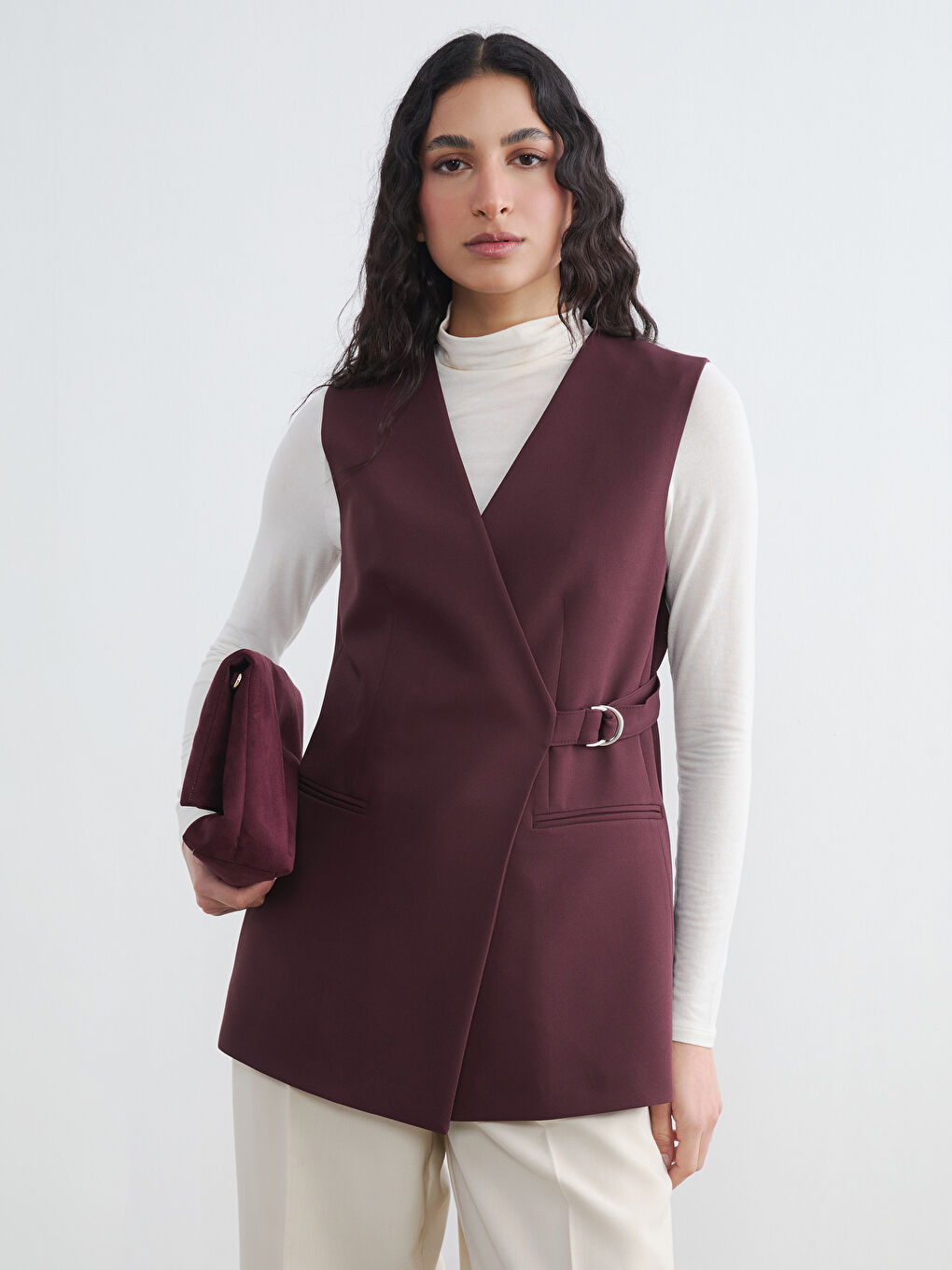 Bordo Kruvaze Yaka Kadın Klasik Yelek