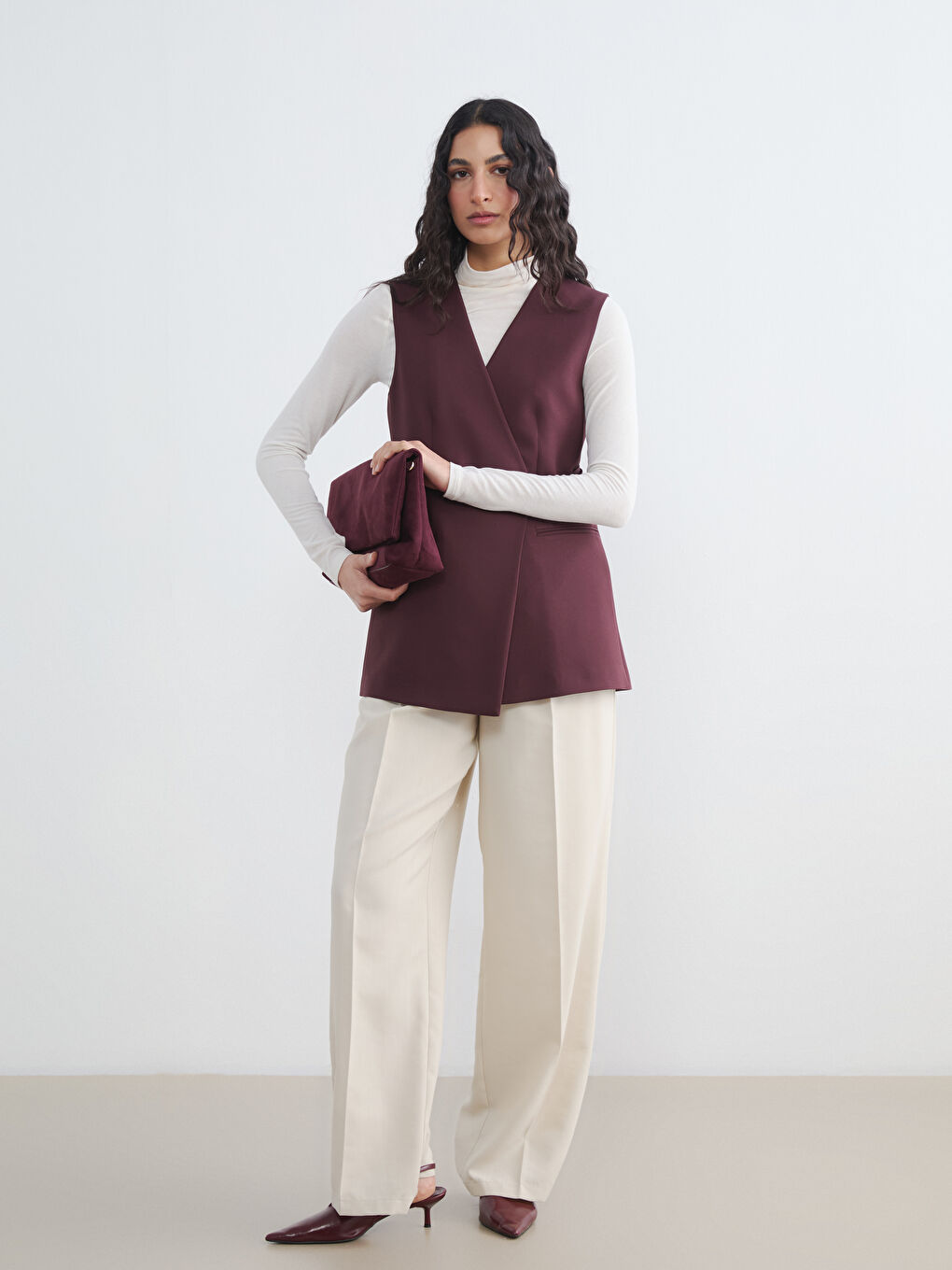 Bordo Kruvaze Yaka Kadın Klasik Yelek-1