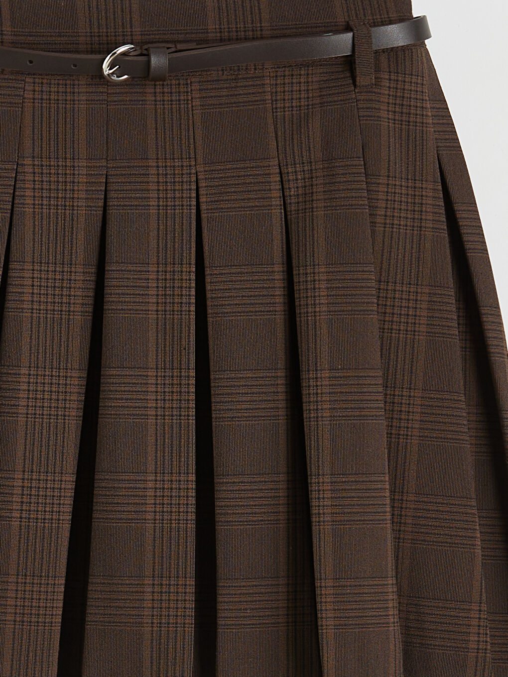 Kahverengi Beli Kemerli Ekose Pileli Mini Etek-1