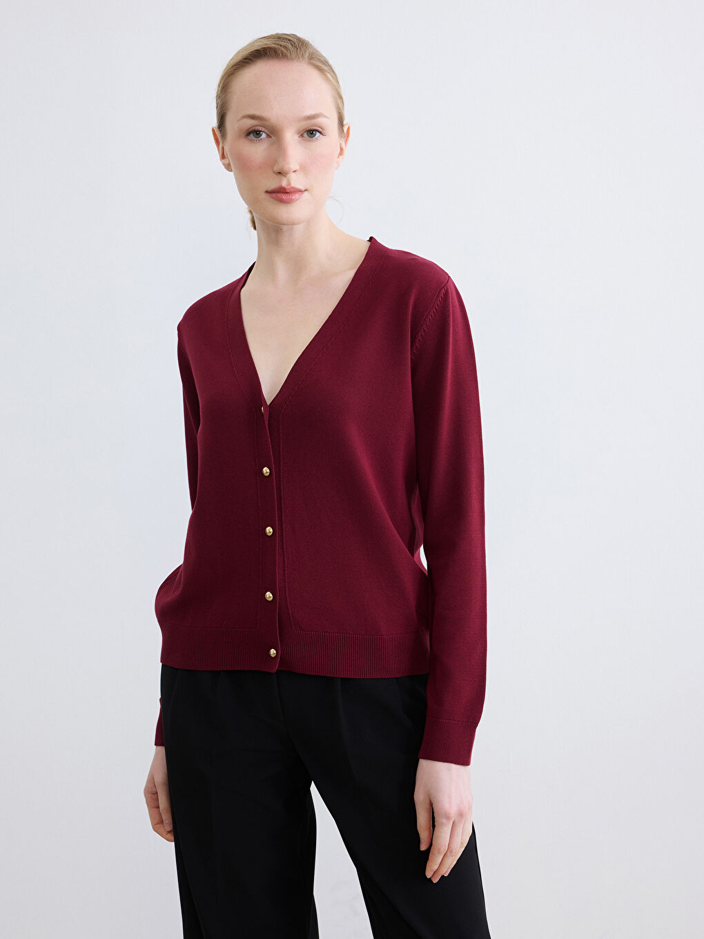 Bordo V Yaka Kadın Triko Hırka