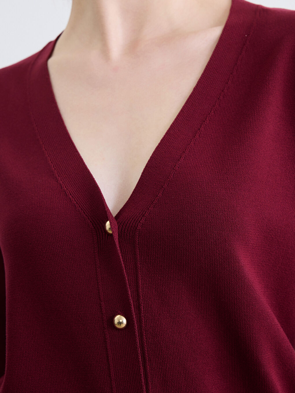 Bordo V Yaka Kadın Triko Hırka-2