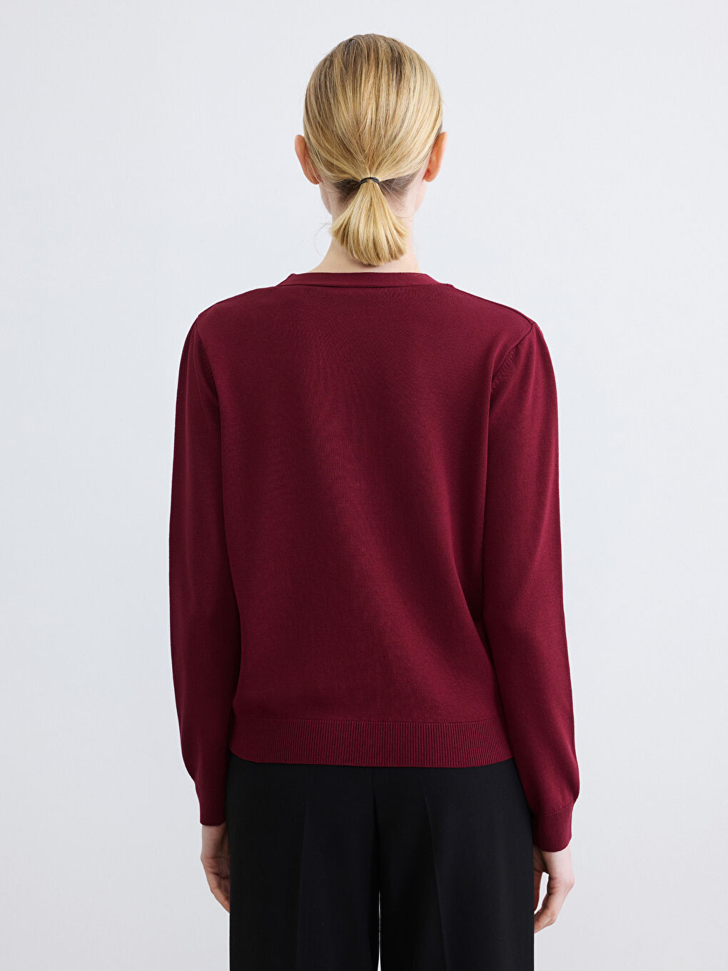 Bordo V Yaka Kadın Triko Hırka-3