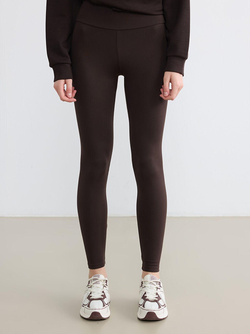 Kahverengi Yüksek Bel Kadın Spor Tayt-1