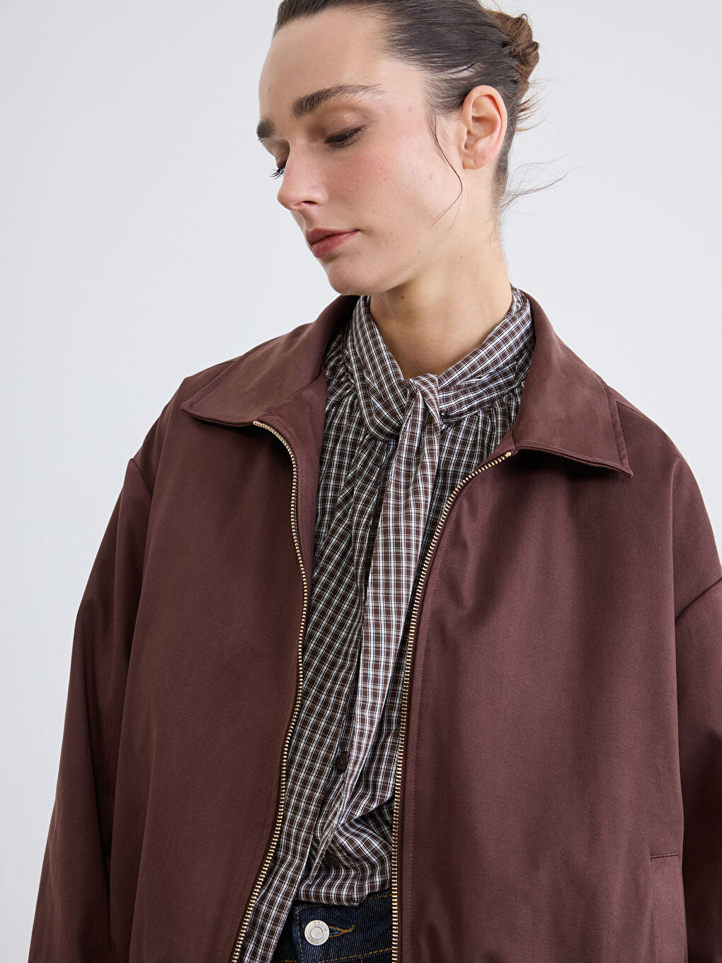 Kahverengi Gömlek Yaka Oversize Kadın Süet Görünümlü Ceket-5