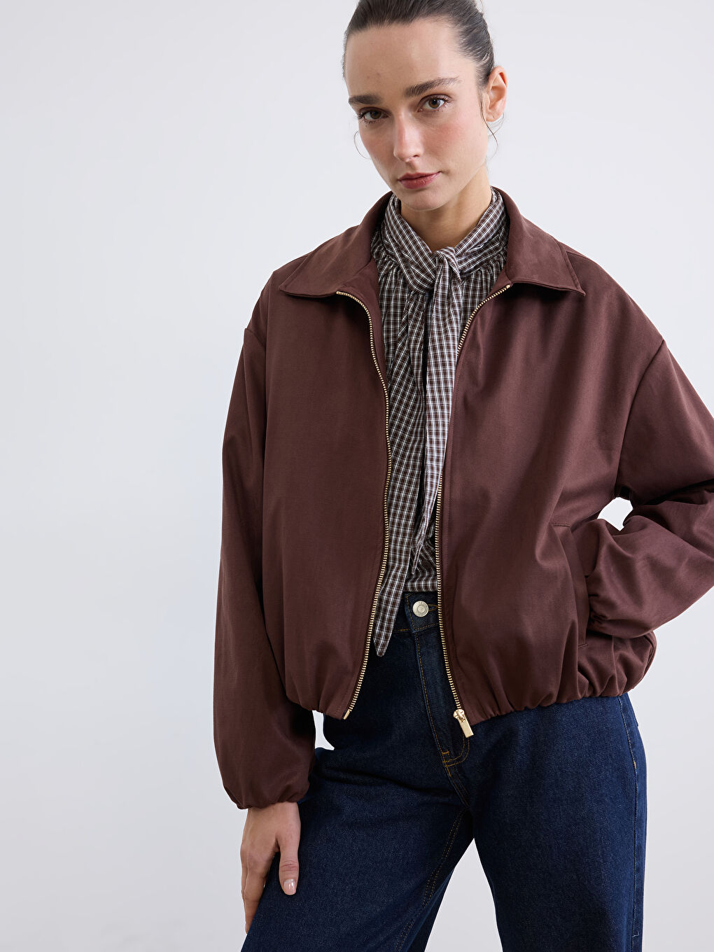 Kahverengi Gömlek Yaka Oversize Kadın Süet Görünümlü Ceket-1