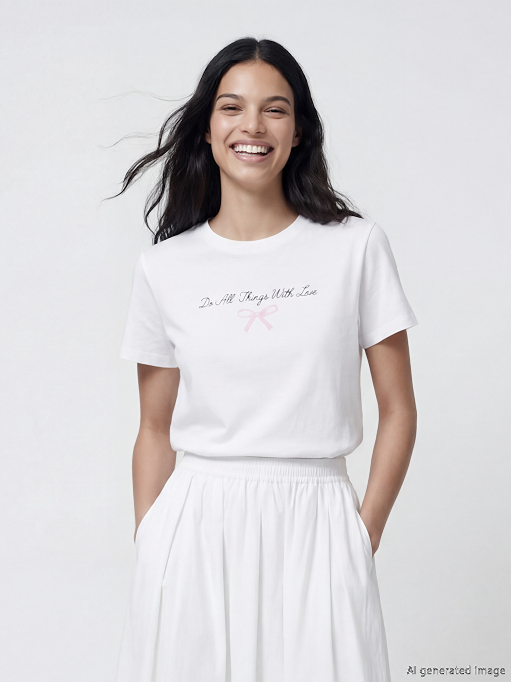 Beyaz Bisiklet Yaka Baskılı Kadın Tişört