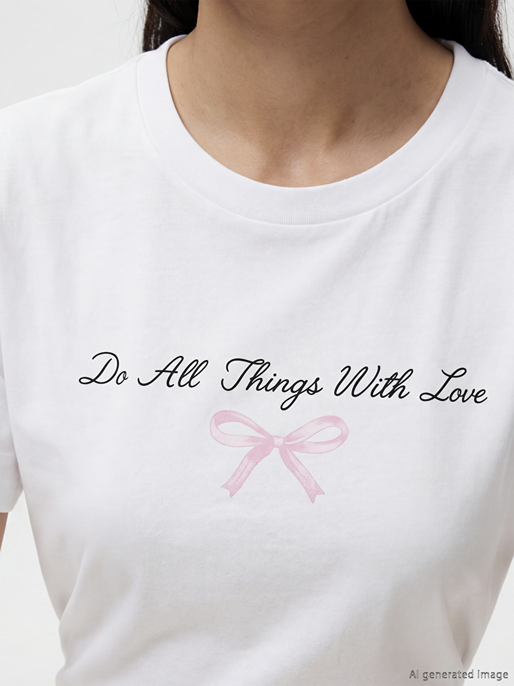 Beyaz Bisiklet Yaka Baskılı Kadın Tişört-2