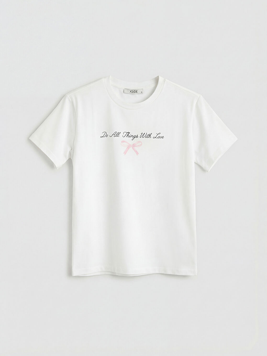 Beyaz Bisiklet Yaka Baskılı Kadın Tişört