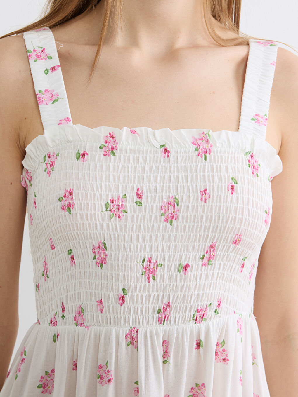 Pembe Kare Yaka Çiçekli Belden Oturtmalı Elbise-1